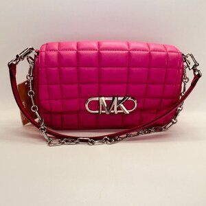 Michael Kors Parker Convertible Pouchette Bag Pink Leather Silver Chain Strap